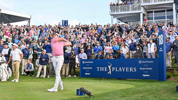 Cameron Smith tees off on the 18th hole during the final round of the 2022 Players Championship at TPC Sawgrass in Ponte Vedra Beach Fla.